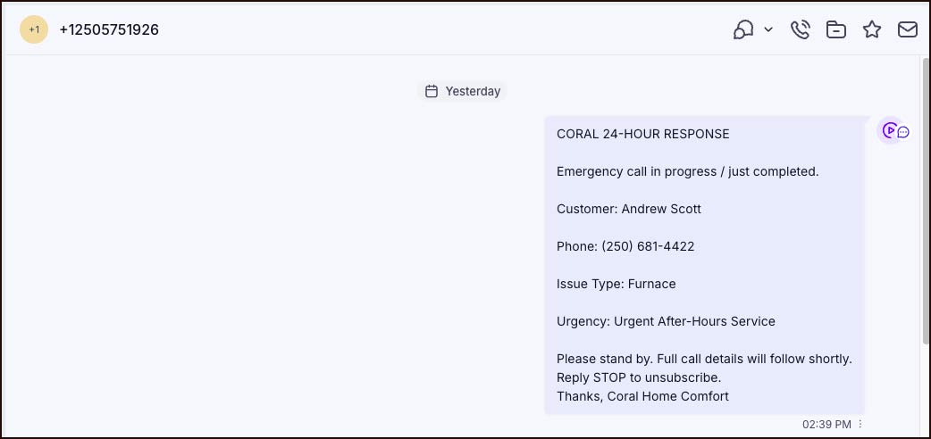 Technician wake-up SMS for Coral 24-Hour Response