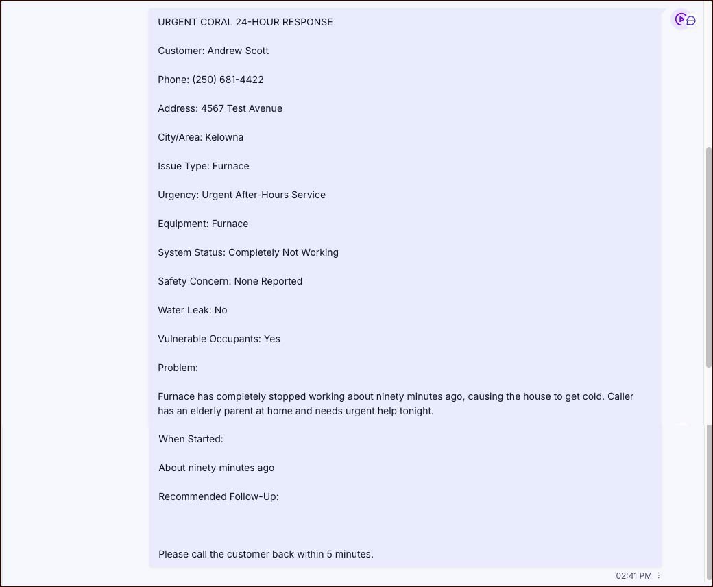 Full technician SMS summary for Coral 24-Hour Response
