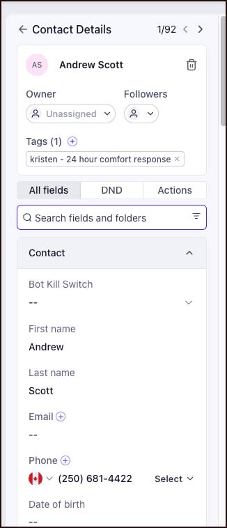 GHL contact identity after Kristen emergency call
