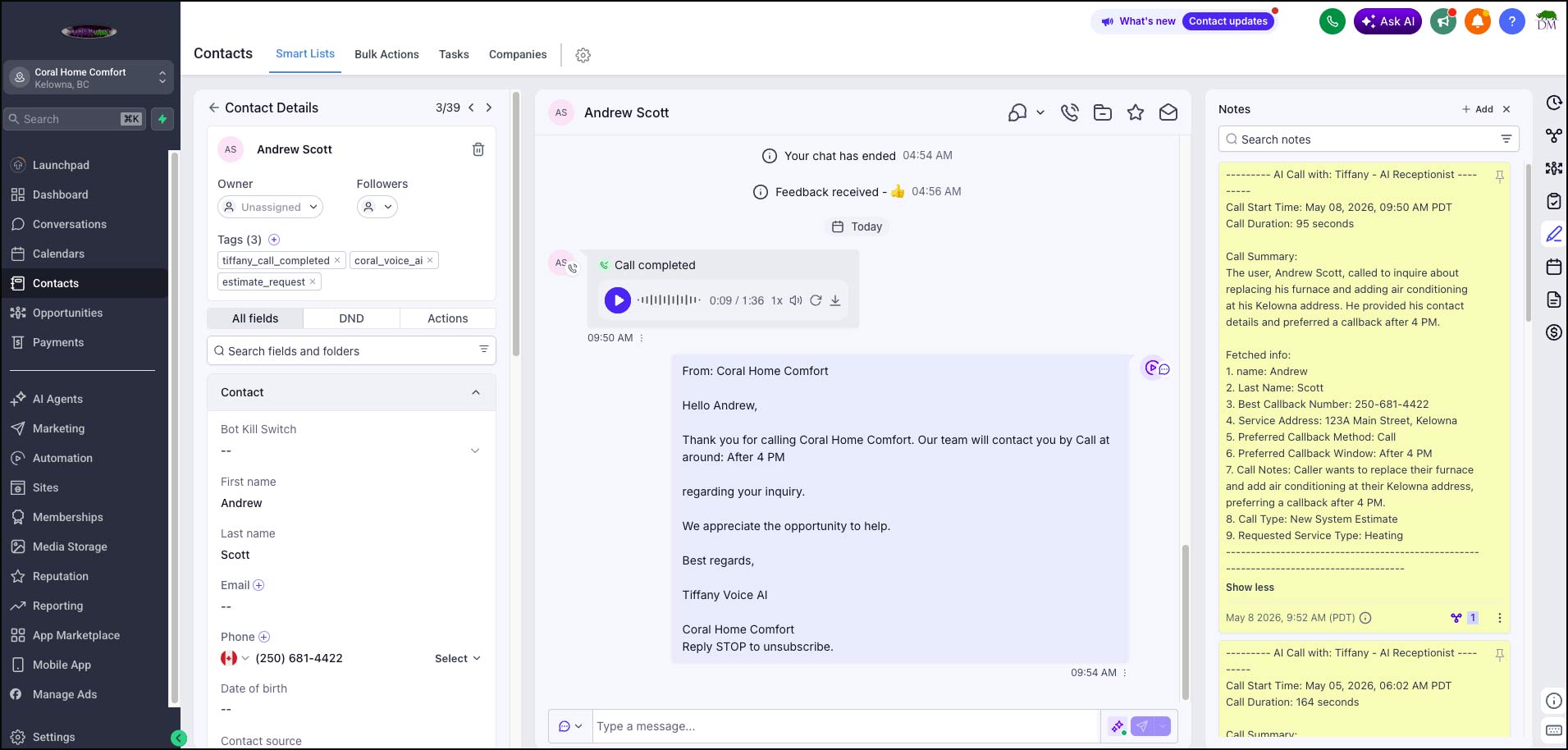 image of the recommendations the AI sent to the customer.