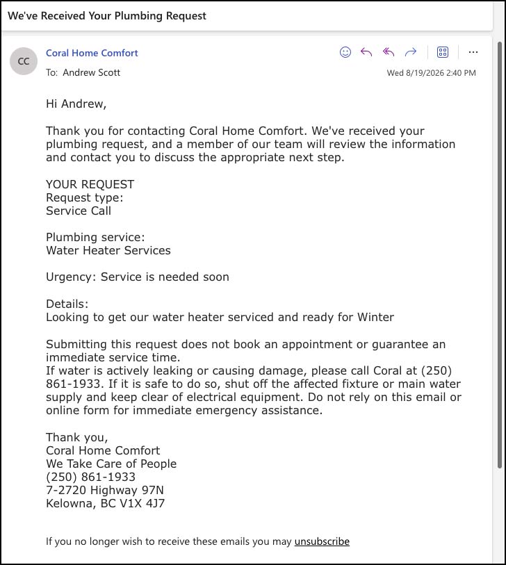 Coral plumbing request confirmation email sent to the customer