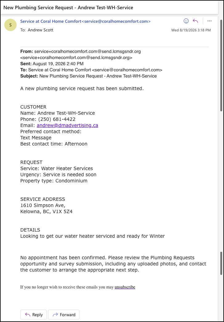Internal Coral plumbing service request notification email