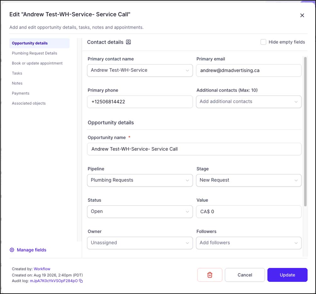 Coral plumbing opportunity details with pipeline, stage and status