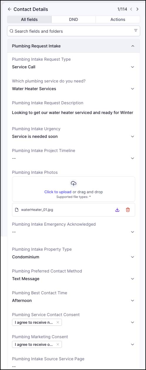 Structured plumbing request intake information stored in the Coral contact record