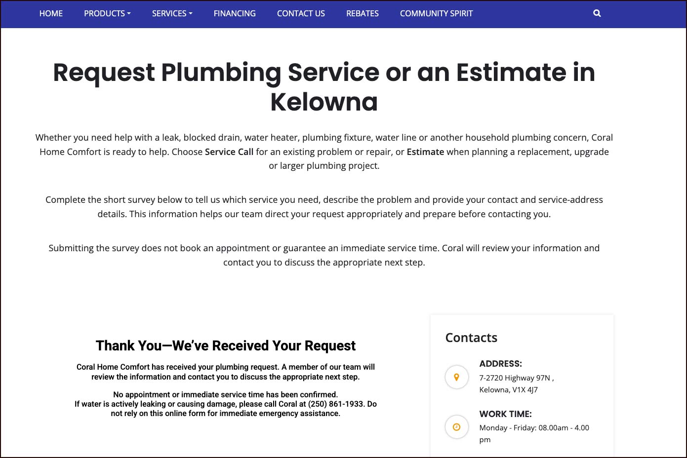 Coral plumbing service or estimate request page and confirmation message