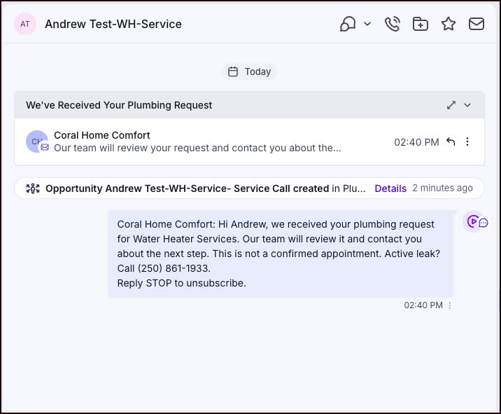 Coral plumbing request confirmation SMS sent to the customer