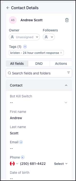 GHL contact record showing customer identity for Kristen call