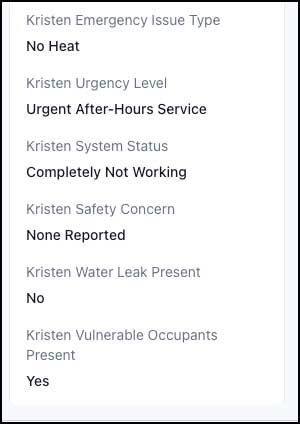 Kristen emergency issue type and urgency fields populated in GHL