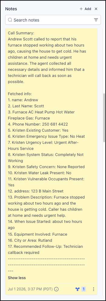 AI-generated GHL call summary for Kristen no heat emergency test