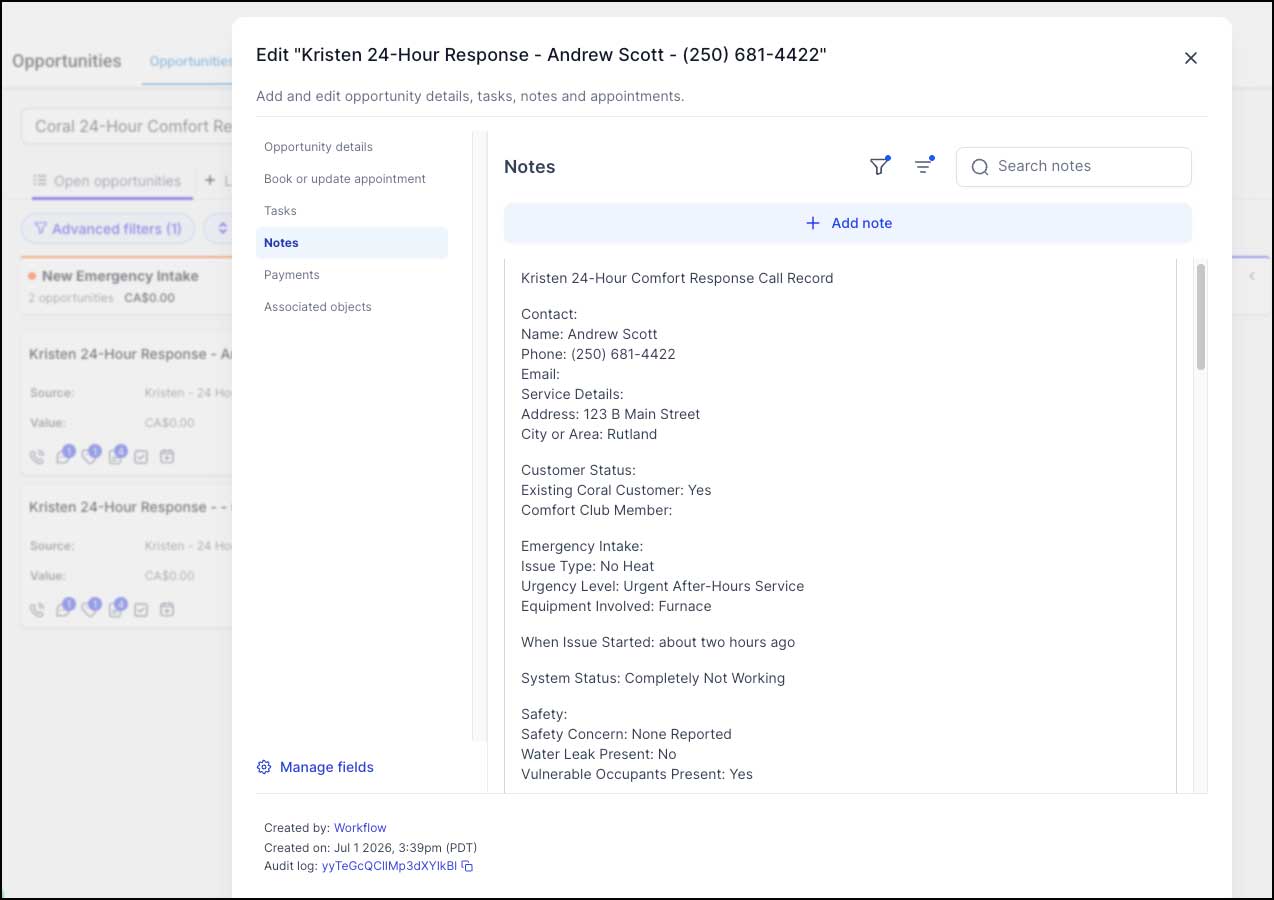 Coral 24-Hour Comfort Response opportunity notes with Kristen summary