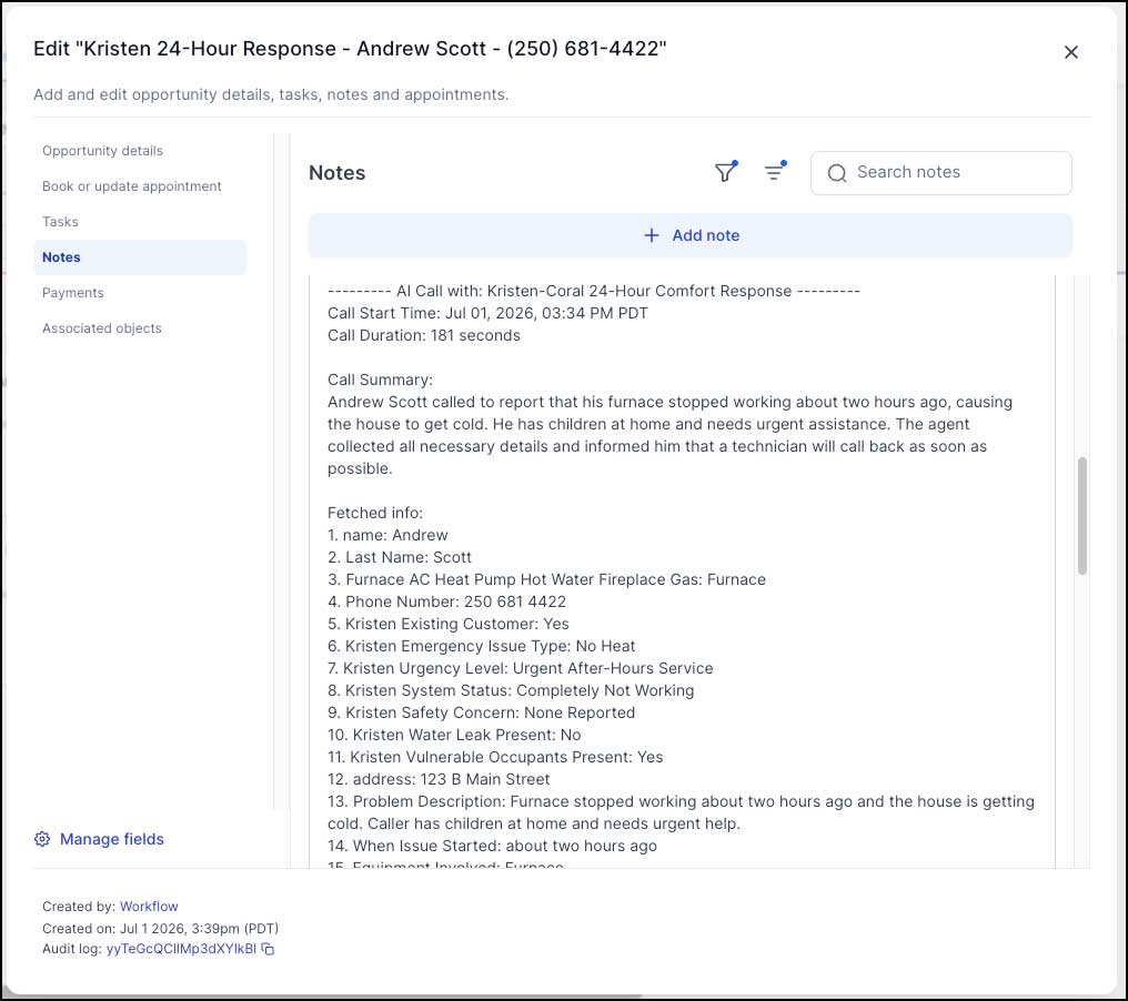 Kristen AI call summary visible inside GHL opportunity notes