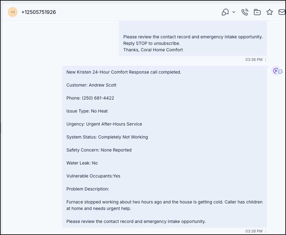 Coral Home Comfort internal manager notification from Kristen emergency intake